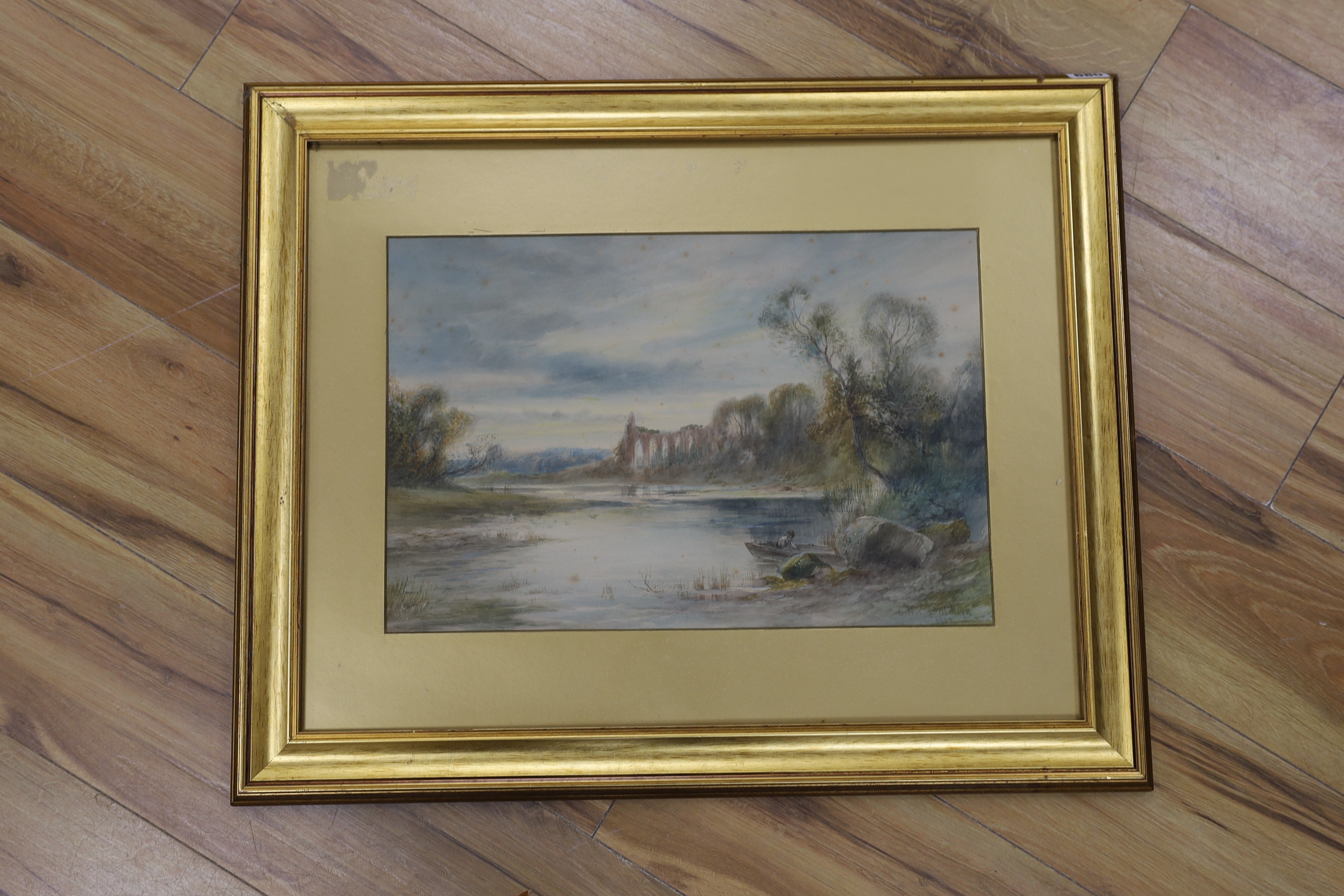 Charles Henry Baldwyn (1859-1943), watercolour, River landscape with abbey ruins, signed and dated 1912, 30 x 45cm